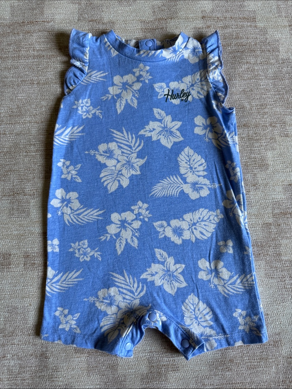 Hurley Light Blue Floral Infant Shorts Romper with Ruffle Shoulders size 6M